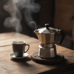 A gleaming moka pot beside a steamy cup of freshly brewed coffee on a rustic wooden table, warm light reflecting off their surfaces.