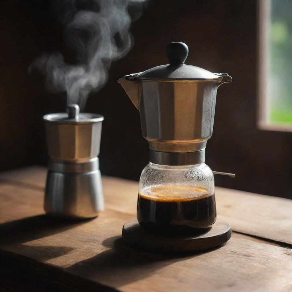 A gleaming moka pot beside a steamy cup of freshly brewed coffee on a rustic wooden table, warm light reflecting off their surfaces.