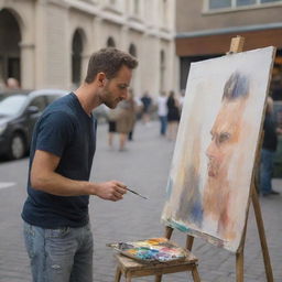 A focused male artist, deeply immersed in his painting, set against the backdrop of a bustling public place