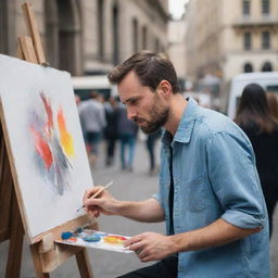 A focused male artist, deeply immersed in his painting, set against the backdrop of a bustling public place