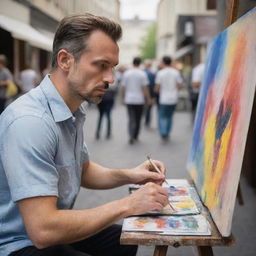 A focused male artist, deeply immersed in his painting, set against the backdrop of a bustling public place