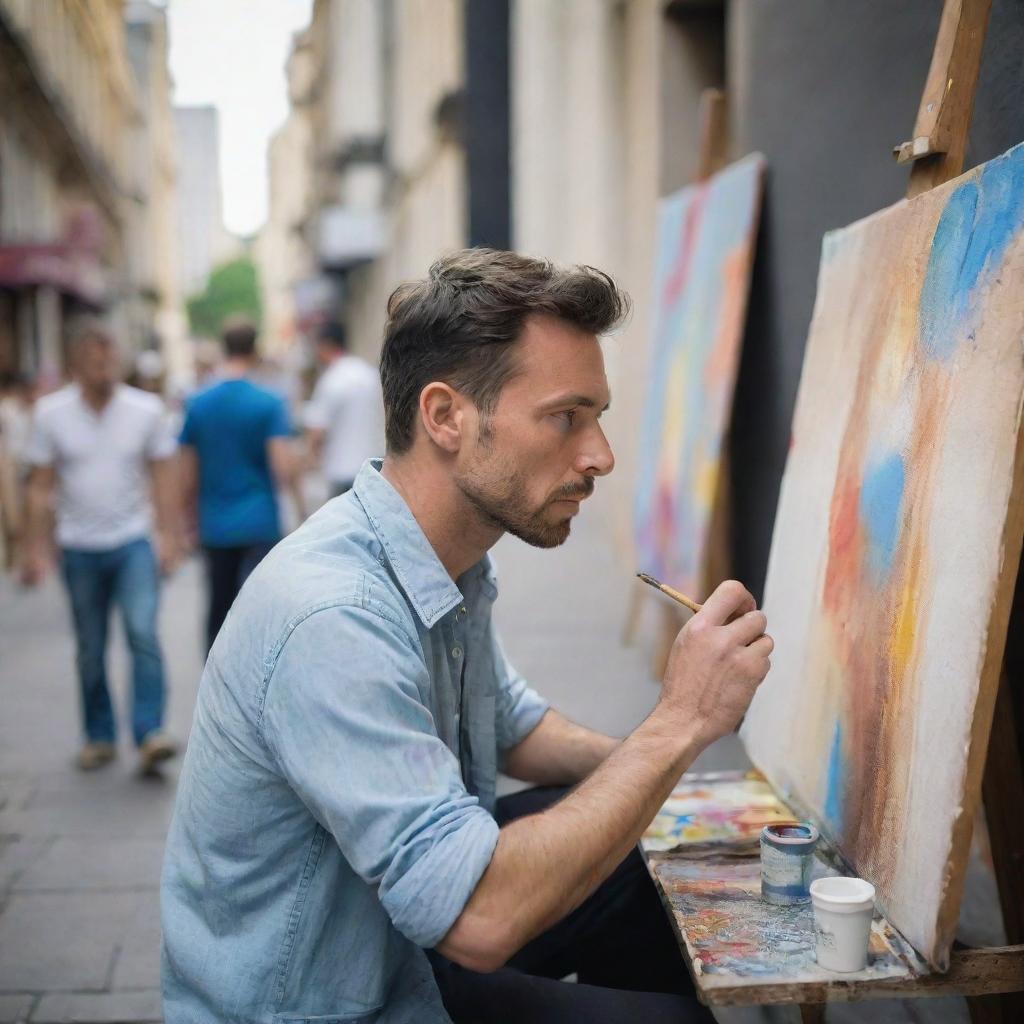 A focused male artist, deeply immersed in his painting, set against the backdrop of a bustling public place