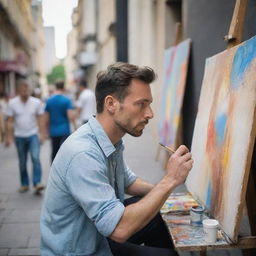 A focused male artist, deeply immersed in his painting, set against the backdrop of a bustling public place