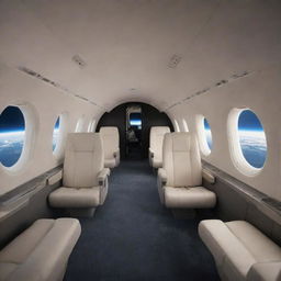 Detailed look at the interior passenger cabin of a space plane flying in Earth's orbit, featuring rows of economy class seats with an awe-inspiring view of the planet.