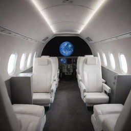 Detailed look at the interior passenger cabin of a space plane flying in Earth's orbit, featuring rows of economy class seats with an awe-inspiring view of the planet.