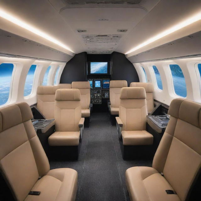 Detailed look at the interior passenger cabin of a space plane flying in Earth's orbit, featuring rows of economy class seats with an awe-inspiring view of the planet.