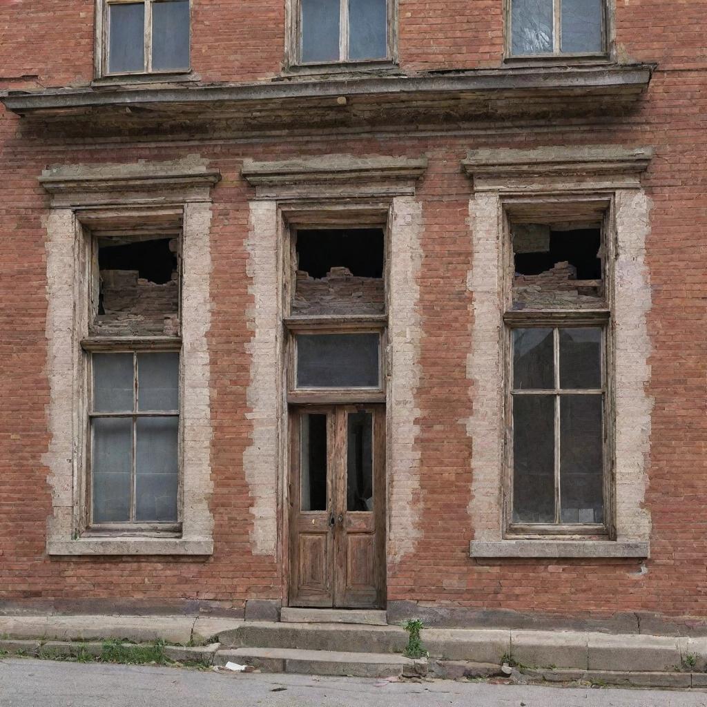 An old, dilapidated building that conveys a sense of time-worn decay. The architectural details are visibly weathered with crumbling bricks and old, broken windows.