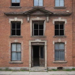 An old, dilapidated building that conveys a sense of time-worn decay. The architectural details are visibly weathered with crumbling bricks and old, broken windows.