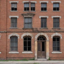 An old, dilapidated building that conveys a sense of time-worn decay. The architectural details are visibly weathered with crumbling bricks and old, broken windows.