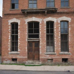 An old, dilapidated building that conveys a sense of time-worn decay. The architectural details are visibly weathered with crumbling bricks and old, broken windows.