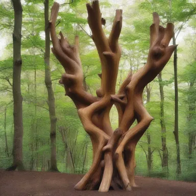 The artist used woody elements like tree branches and trunks to create a unique sculpture that blended nature and art.