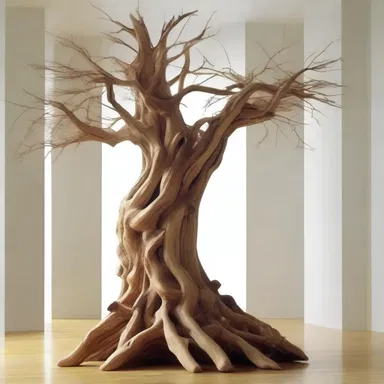 The artist used woody elements like tree branches and trunks to create a unique sculpture that blended nature and art.