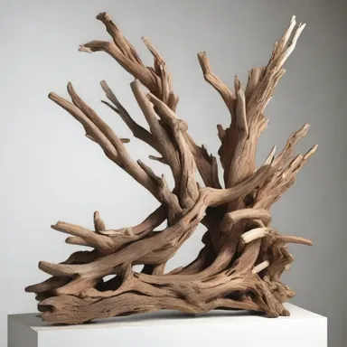 The artist used woody materials like driftwood and tree branches to create a unique sculpture.