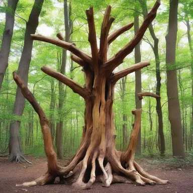 The artist used woody materials like driftwood and tree branches to create a unique sculpture.