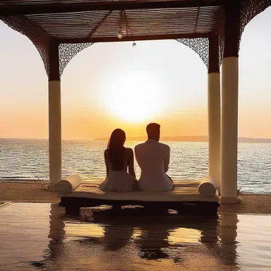 The couple sat closely together on the divan, watching the sunset and whispering sweet nothings to each other.