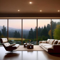 Elevate the beauty of the minimalist living room by incorporating an expansive window wall with panoramic nature views, artistic minimalist furniture, a luxurious indoor garden, ambient lighting, and a majestic yet simple piece of abstract art.