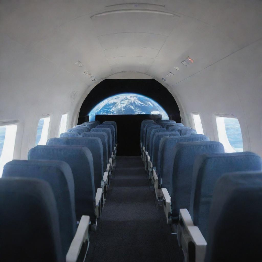 Numerous rows of economy class seats inside the passenger cabin of a space plane in Earth's orbit, providing a stunning view of the globe through the plane's windows.