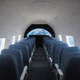 Numerous rows of economy class seats inside the passenger cabin of a space plane in Earth's orbit, providing a stunning view of the globe through the plane's windows.