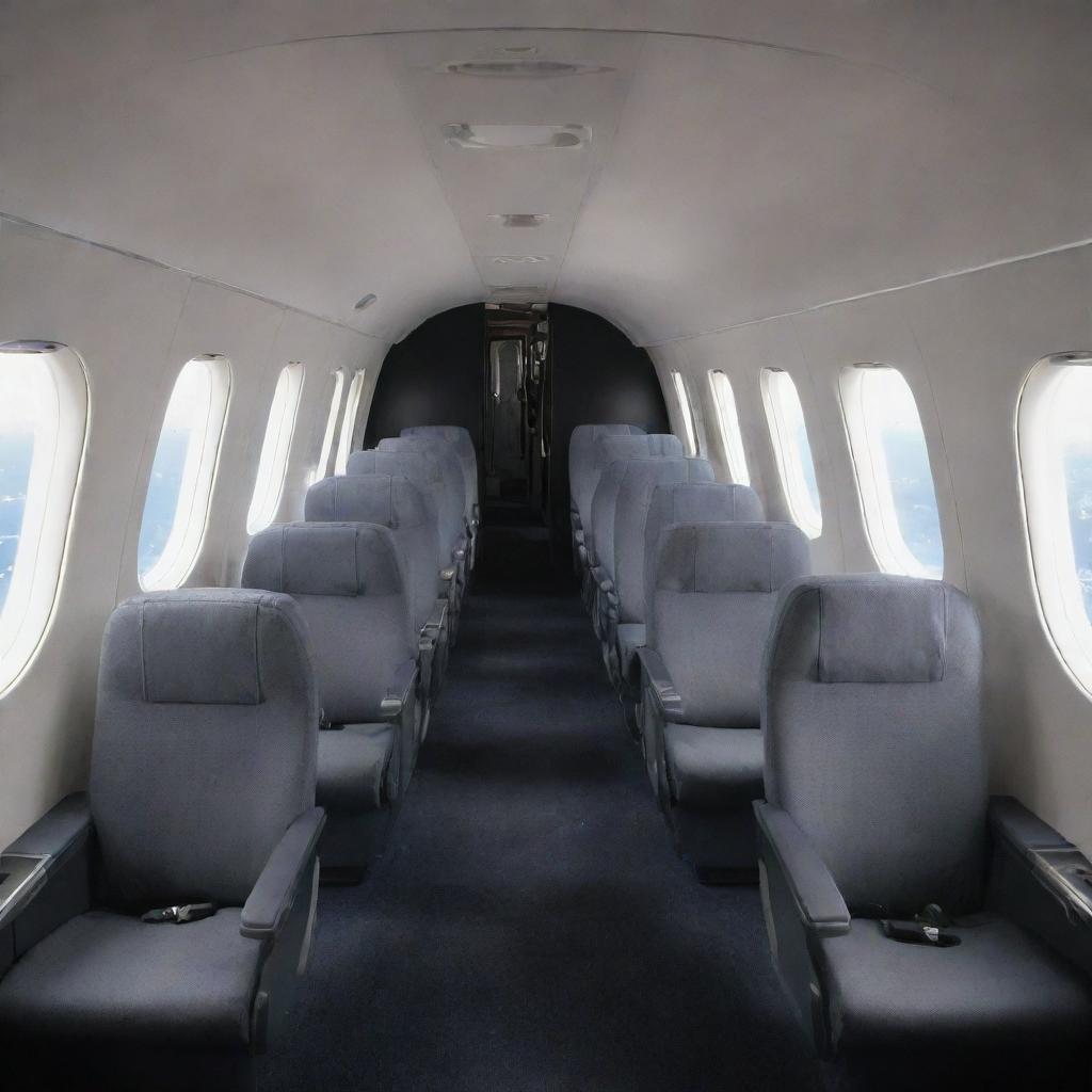 Numerous rows of economy class seats inside the passenger cabin of a space plane in Earth's orbit, providing a stunning view of the globe through the plane's windows.