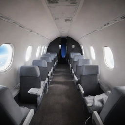 Numerous rows of economy class seats inside the passenger cabin of a space plane in Earth's orbit, providing a stunning view of the globe through the plane's windows.