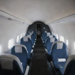 Numerous rows of economy class seats inside the passenger cabin of a space plane in Earth's orbit, providing a stunning view of the globe through the plane's windows.