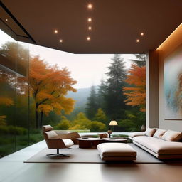 Elevate the beauty of the minimalist living room by incorporating an expansive window wall with panoramic nature views, artistic minimalist furniture, a luxurious indoor garden, ambient lighting, and a majestic yet simple piece of abstract art.