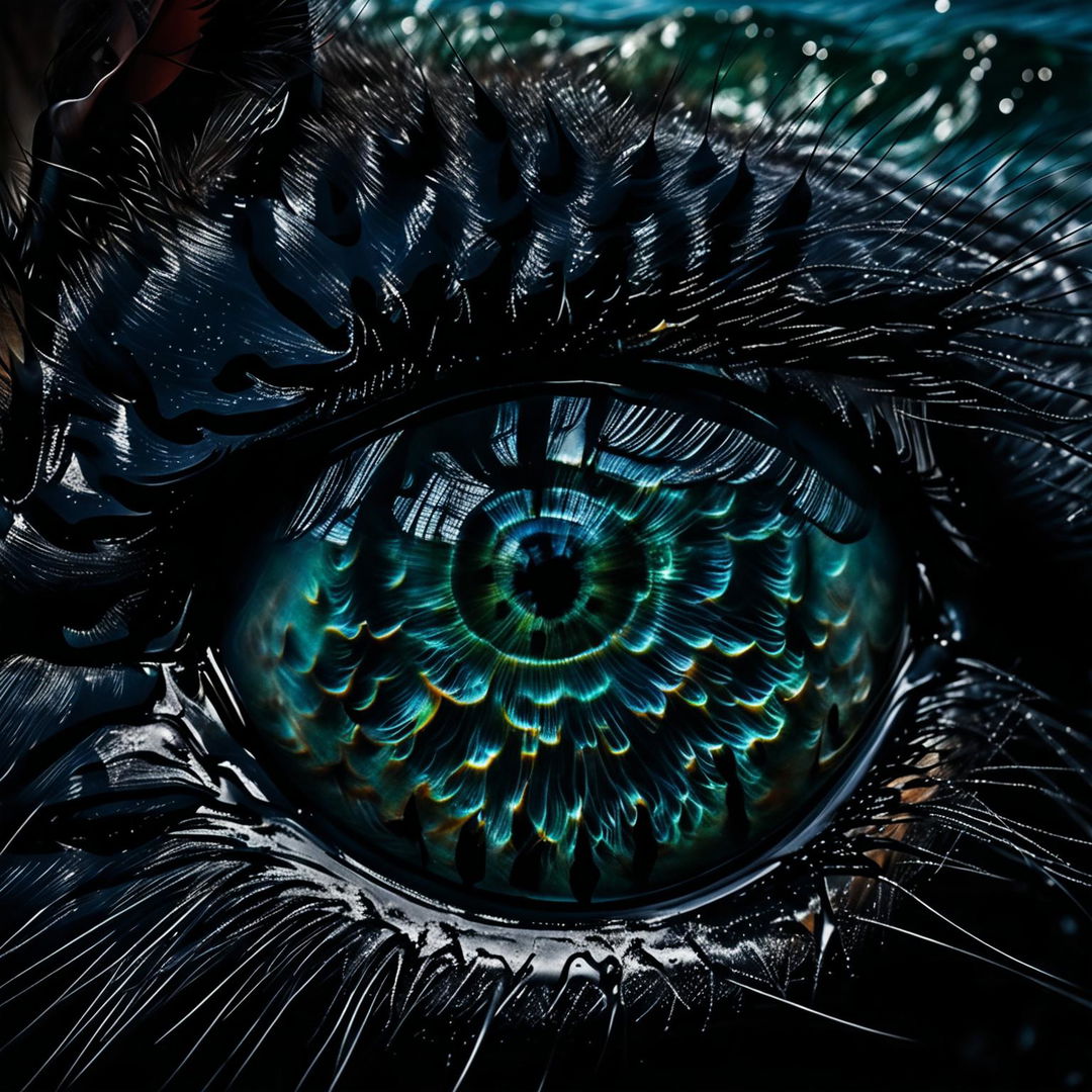 Ultra close-up CGI photograph of a black cat's eye reflecting a detailed ocean scene.