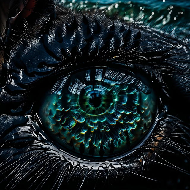 Ultra close-up CGI photograph of a black cat's eye reflecting a detailed ocean scene.