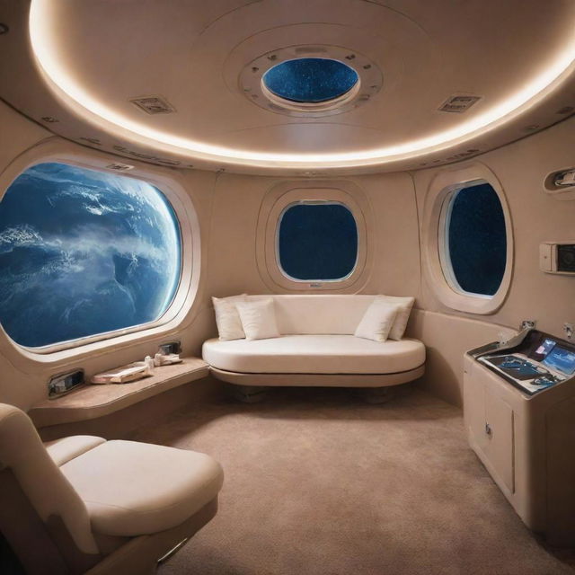 Cozy interior of a spaceship's passenger cabin displaying a luxurious sleeper suite, against the backdrop of Earth gracefully orbiting in the vastness of space.