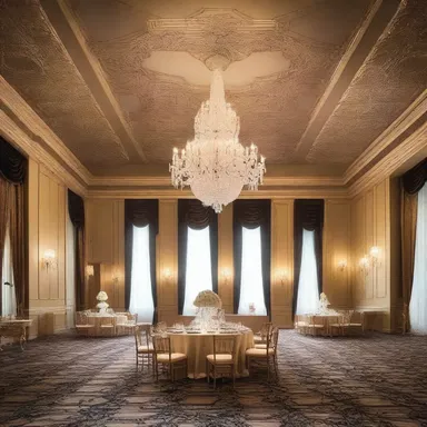 The grand chandelier hanging from the ceiling in the ballroom added an ostentatiously luxurious touch to the overall design.