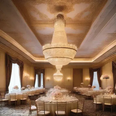 The grand chandelier hanging from the ceiling in the ballroom added an ostentatiously luxurious touch to the overall design.