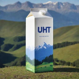 A gigantic UHT milk carton, towering over mountains in the background