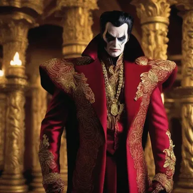 The villain in the movie wore an ostentatiously flamboyant outfit, asserting their dominance and power.