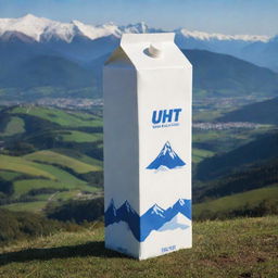 A gigantic UHT milk carton, towering over mountains in the background