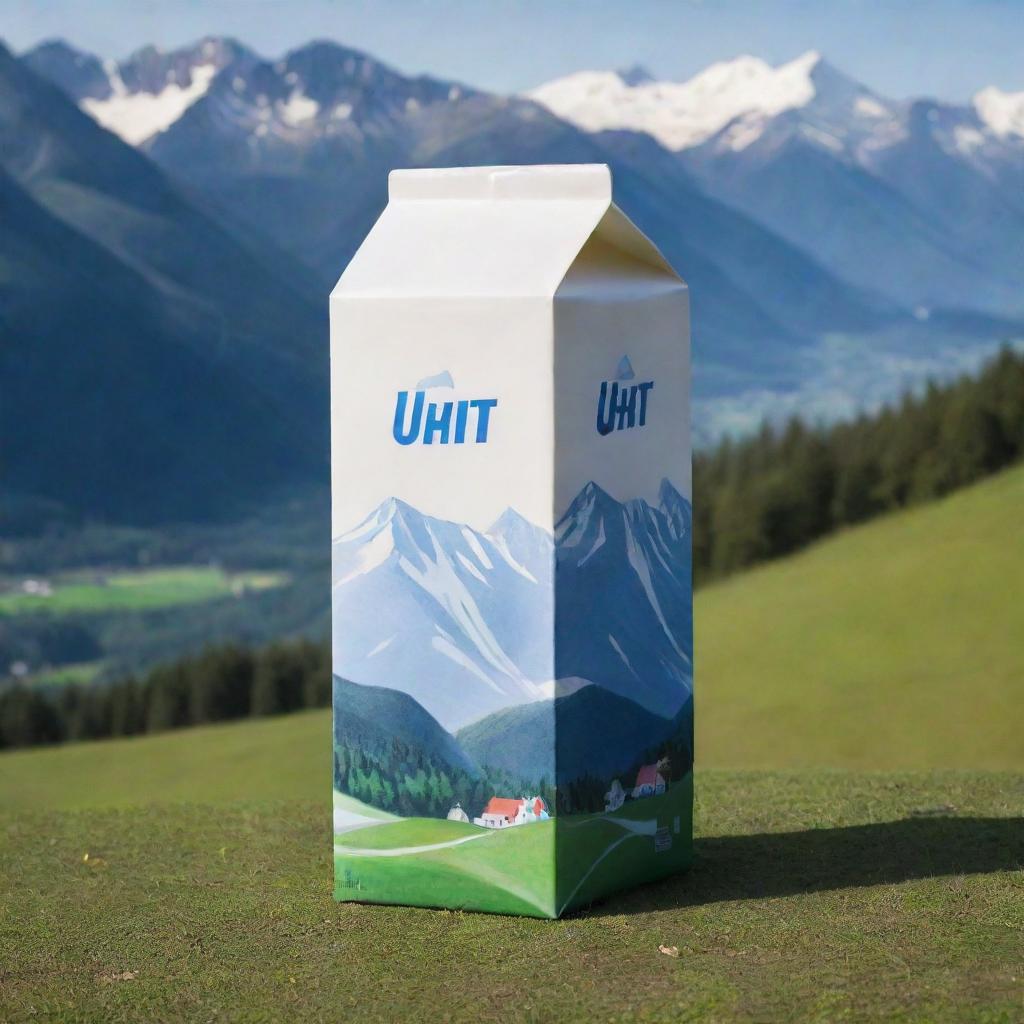 A gigantic UHT milk carton, towering over mountains in the background