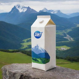 A gigantic UHT milk carton, towering over mountains in the background