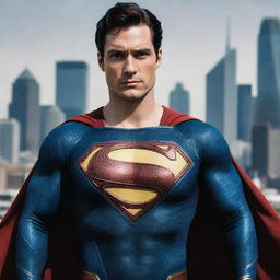 A picture with the user's face seamlessly integrated onto Superman's body in a heroic pose against a city skyline backdrop.