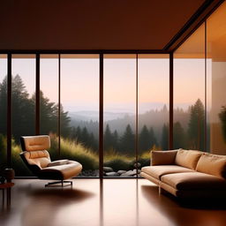 Elevate the beauty of the minimalist living room by incorporating an expansive window wall with panoramic nature views, artistic minimalist furniture, a luxurious indoor garden, ambient lighting, and a majestic yet simple piece of abstract art.