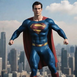 A picture with the user's face seamlessly integrated onto Superman's body in a heroic pose against a city skyline backdrop.