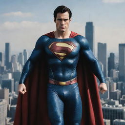 A picture with the user's face seamlessly integrated onto Superman's body in a heroic pose against a city skyline backdrop.