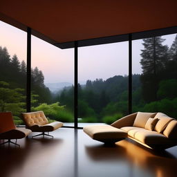 Elevate the beauty of the minimalist living room by incorporating an expansive window wall with panoramic nature views, artistic minimalist furniture, a luxurious indoor garden, ambient lighting, and a majestic yet simple piece of abstract art.