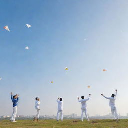 A 3D image featuring Prajval, Anmol, Pranjal, Pradeep, Yatharth, and Sandeep dressed in white jerseys, flying kites in a clear sky, with 'Makar Sankranti 2022' inscribed prominently.