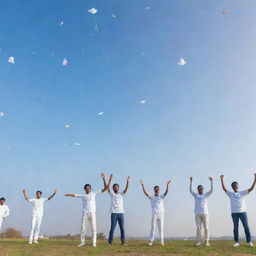 A 3D image featuring Prajval, Anmol, Pranjal, Pradeep, Yatharth, and Sandeep dressed in white jerseys, flying kites in a clear sky, with 'Makar Sankranti 2022' inscribed prominently.