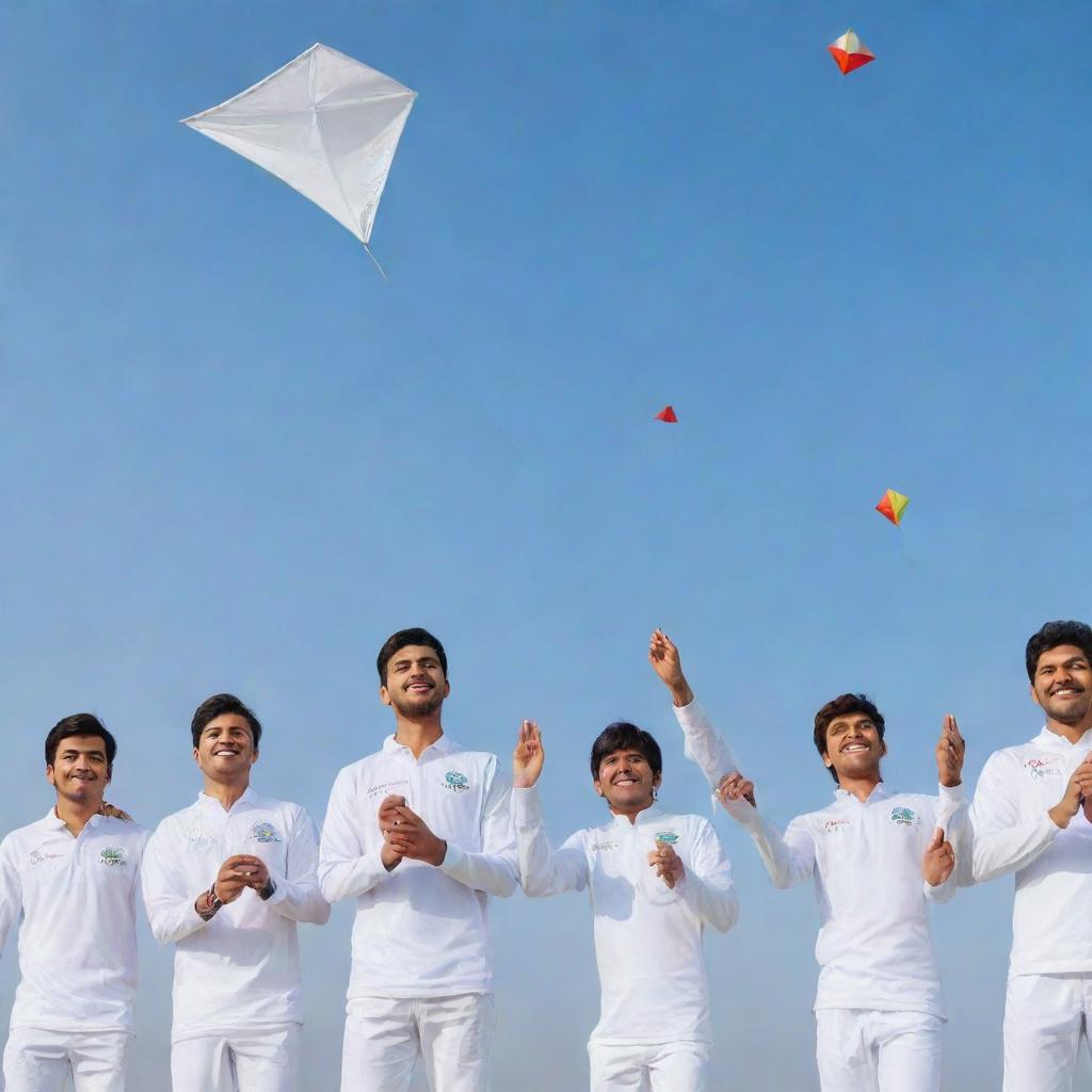 A 3D image featuring Prajval, Anmol, Pranjal, Pradeep, Yatharth, and Sandeep dressed in white jerseys, flying kites in a clear sky, with 'Makar Sankranti 2022' inscribed prominently.