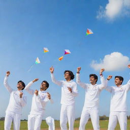 A 3D image featuring Prajval, Anmol, Pranjal, Pradeep, Yatharth, and Sandeep dressed in white jerseys, flying kites in a clear sky, with 'Makar Sankranti 2022' inscribed prominently.