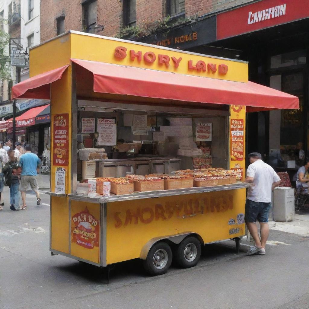 A vibrant and bustling hot dog stand named 'SHORY LAND' filled with deliciously made hotdogs on a busy city street.