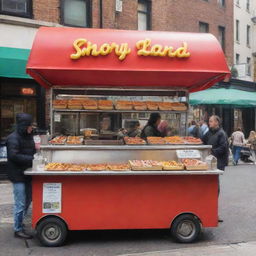 A vibrant and bustling hot dog stand named 'SHORY LAND' filled with deliciously made hotdogs on a busy city street.