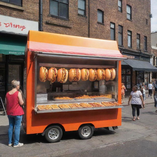 A vibrant and bustling hot dog stand named 'SHORY LAND' filled with deliciously made hotdogs on a busy city street.