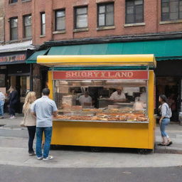 A vibrant and bustling hot dog stand named 'SHORY LAND' filled with deliciously made hotdogs on a busy city street.