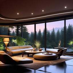 An awe-inspiringly beautiful, ultra-modern, minimalist living room featuring a luxurious indoor garden, panoramic window wall with nature views, ambient lighting, sophisticated minimalist furniture, and a centerpiece of simple, but majestic abstract art.